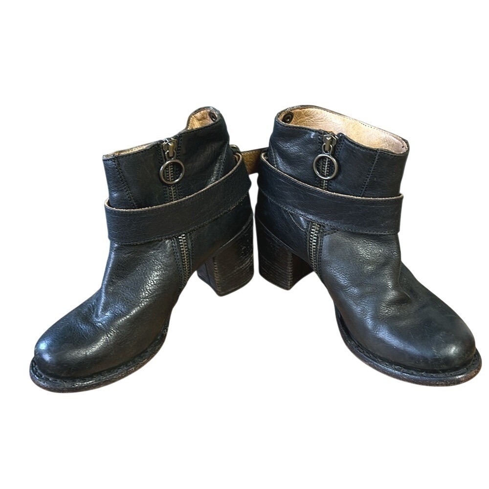 Fiorentini + Baker Black Leather Moto Ankle Boots Buckle Block Heel Size 6